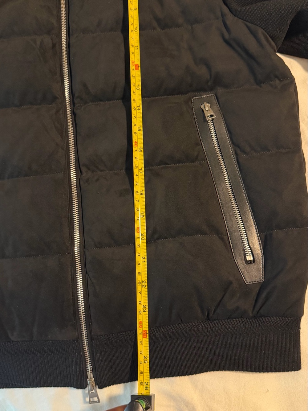 Suede Leather Black Quilted Puffer Jacket with Knit Sleeves and Goose Down - Picture 6 of 15